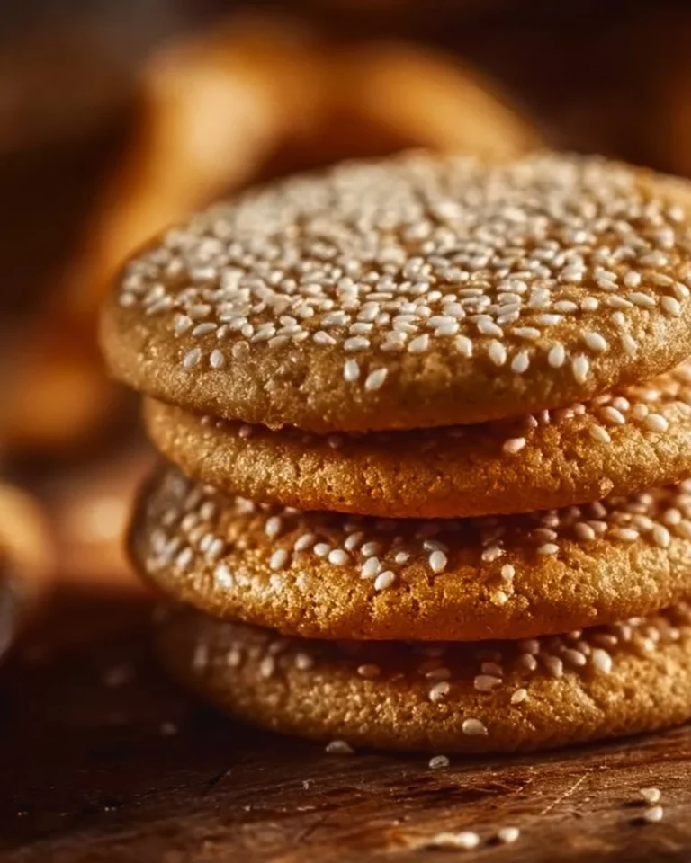 Plate of homemade sesame honey cookies garnished with sesame seeds.
