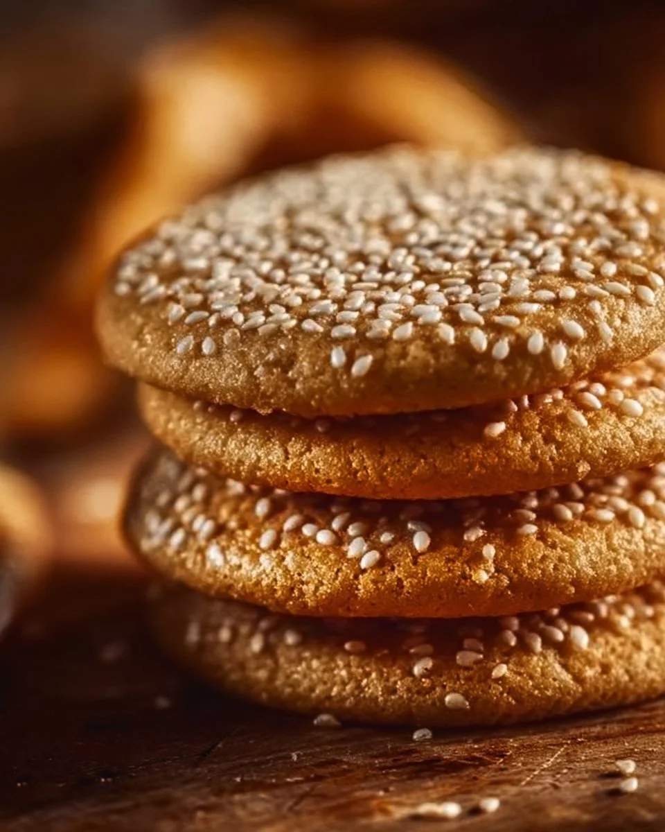 Plate of homemade sesame honey cookies garnished with sesame seeds.