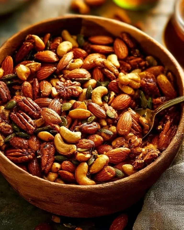 Bowl of spicy roasted party nuts, ideal for gatherings and snacking.
