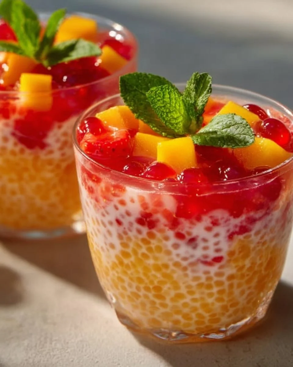 Delicious Strawberry Mango Sago dessert in a bowl with fresh fruits
