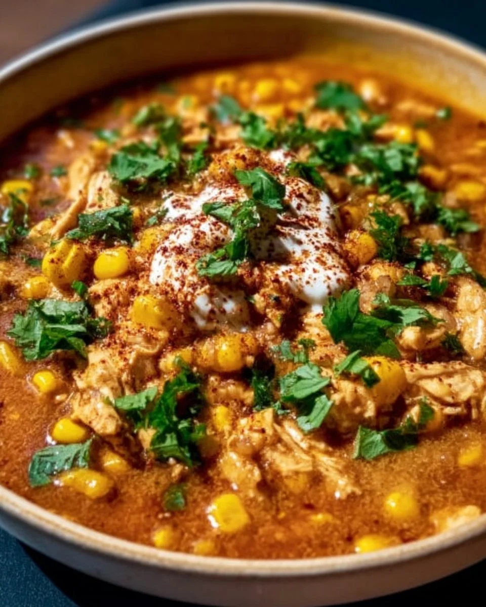 Hearty Street Corn Chicken Chili in a bowl garnished with cilantro and lime