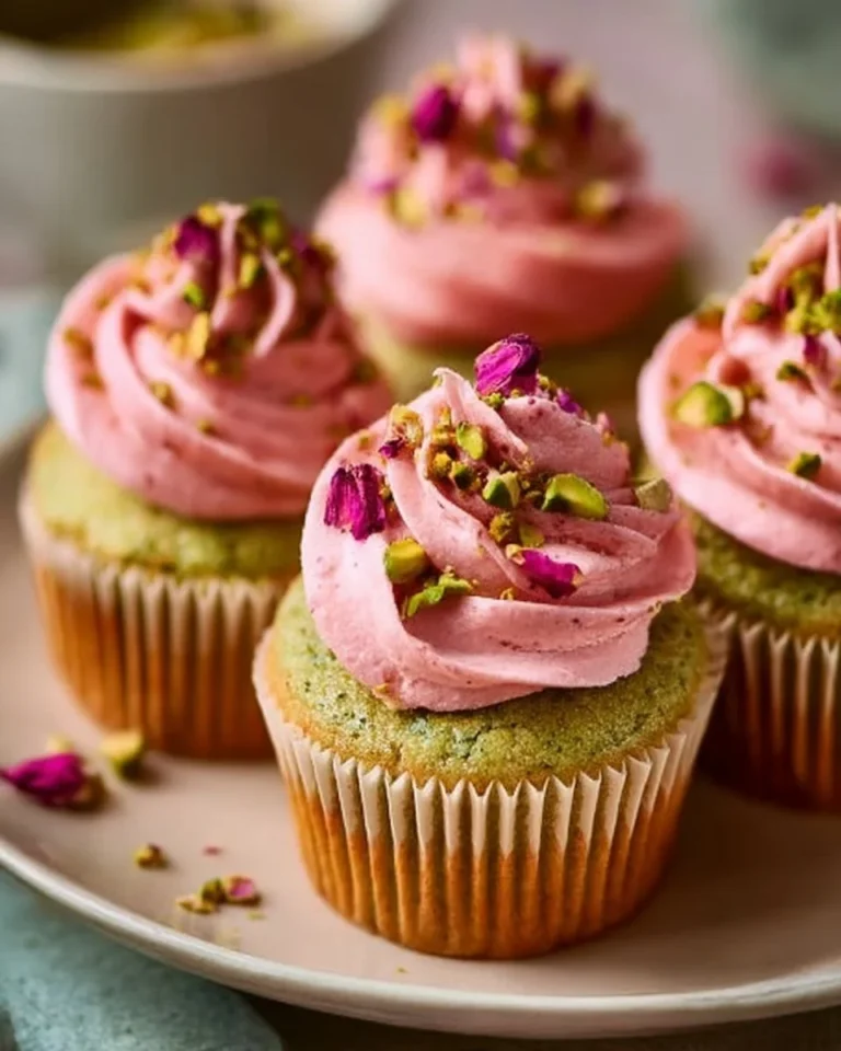 Vegan rose pistachio mini cupcakes decorated with rose petals