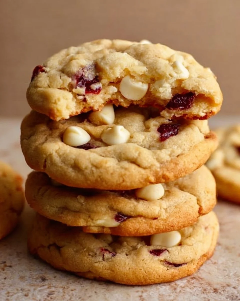 White chocolate cranberry cookies with a rich chocolate flavor and tart cranberries.