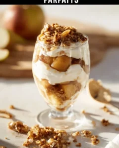 Apple Crisp Cheesecake Parfait topped with crunchy apple crisp and caramel drizzle