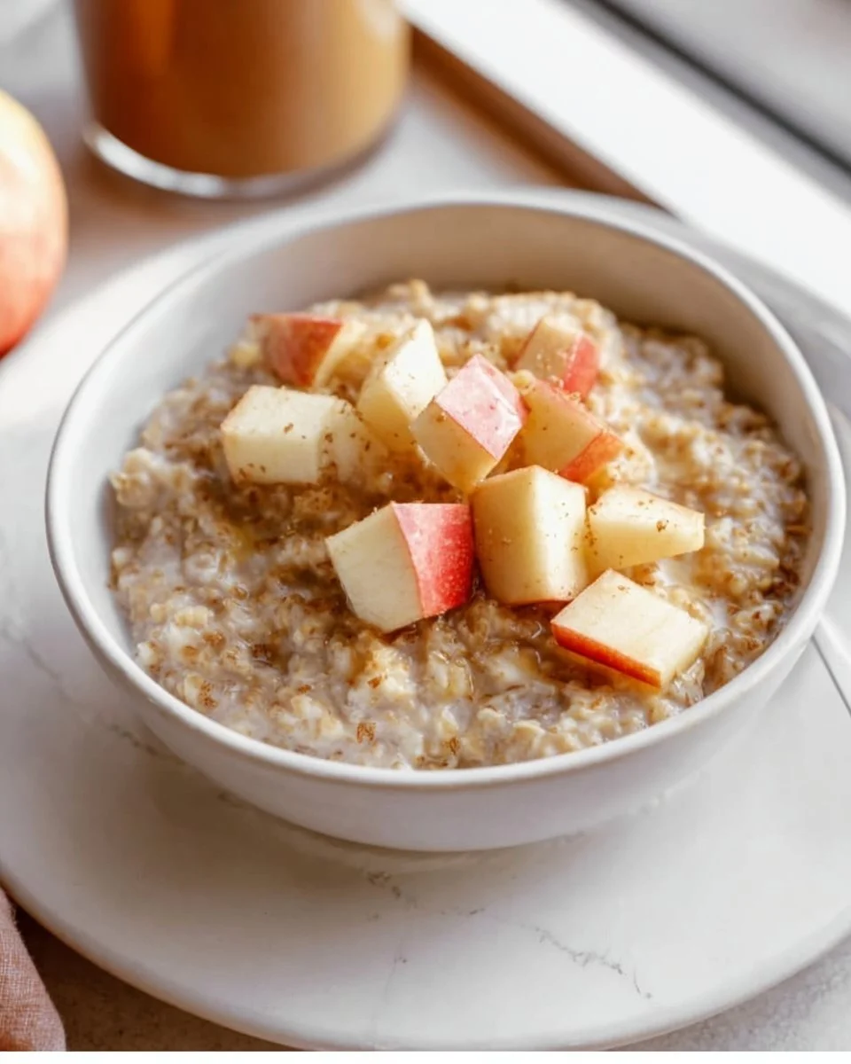 Bowl of delicious Apple Steel Cut Oatmeal topped with fresh apple slices
