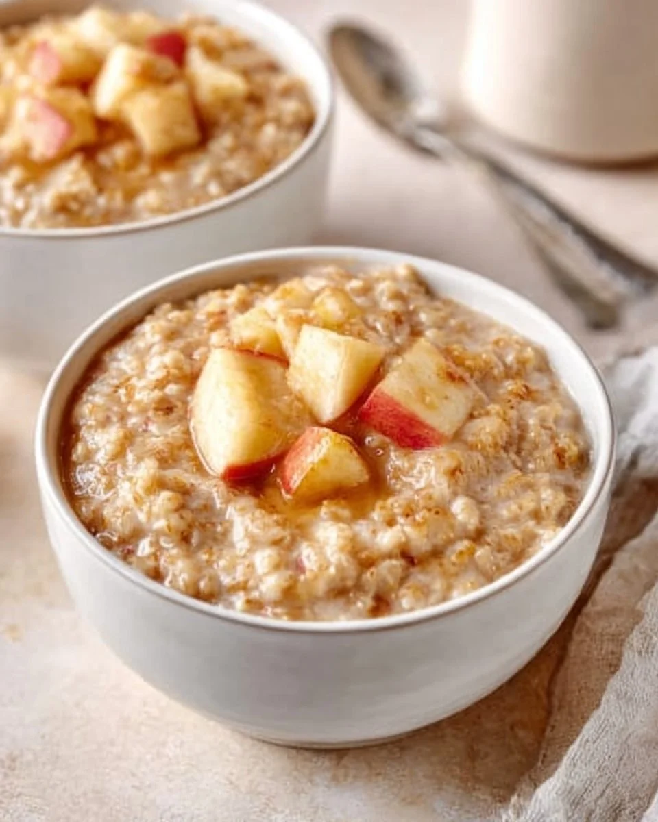 Bowl of Apple Steel Cut Oatmeal topped with fresh apples and cinnamon