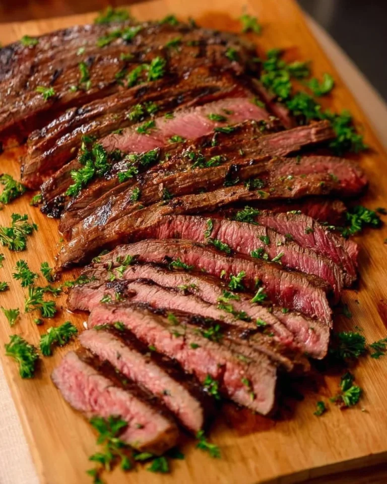 Juicy grilled flank steak served with herbs and sides on a wooden platter