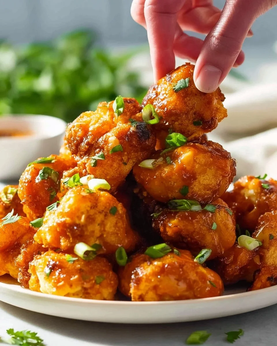 Buffalo Cauliflower Bites served on a plate with dipping sauce