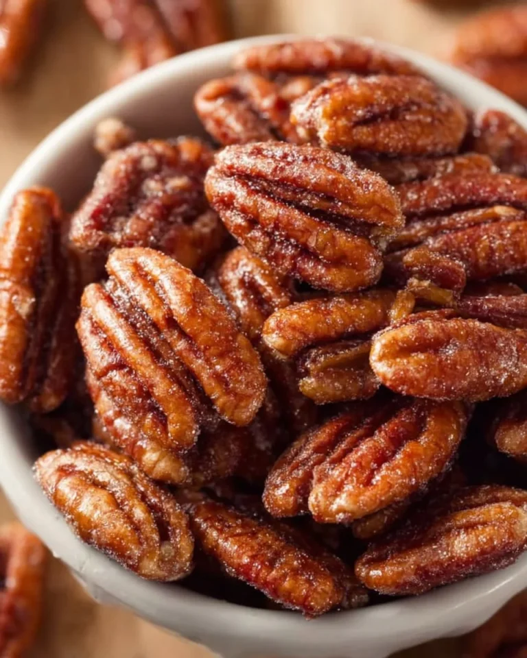 Delicious bowl of homemade candied pecans ready to enjoy.