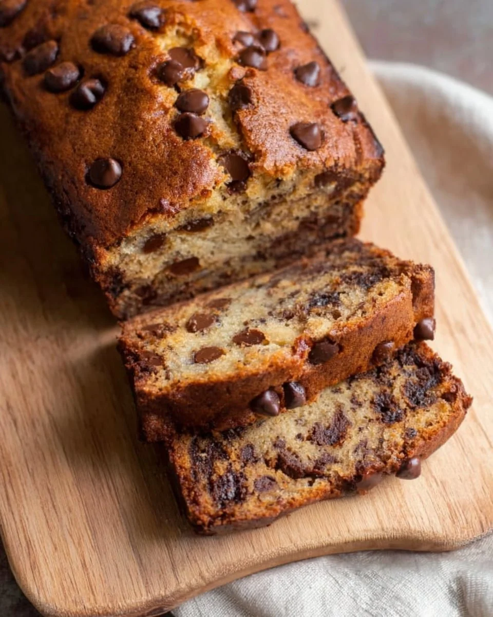 Slice of chocolate chip banana bread on a wooden board