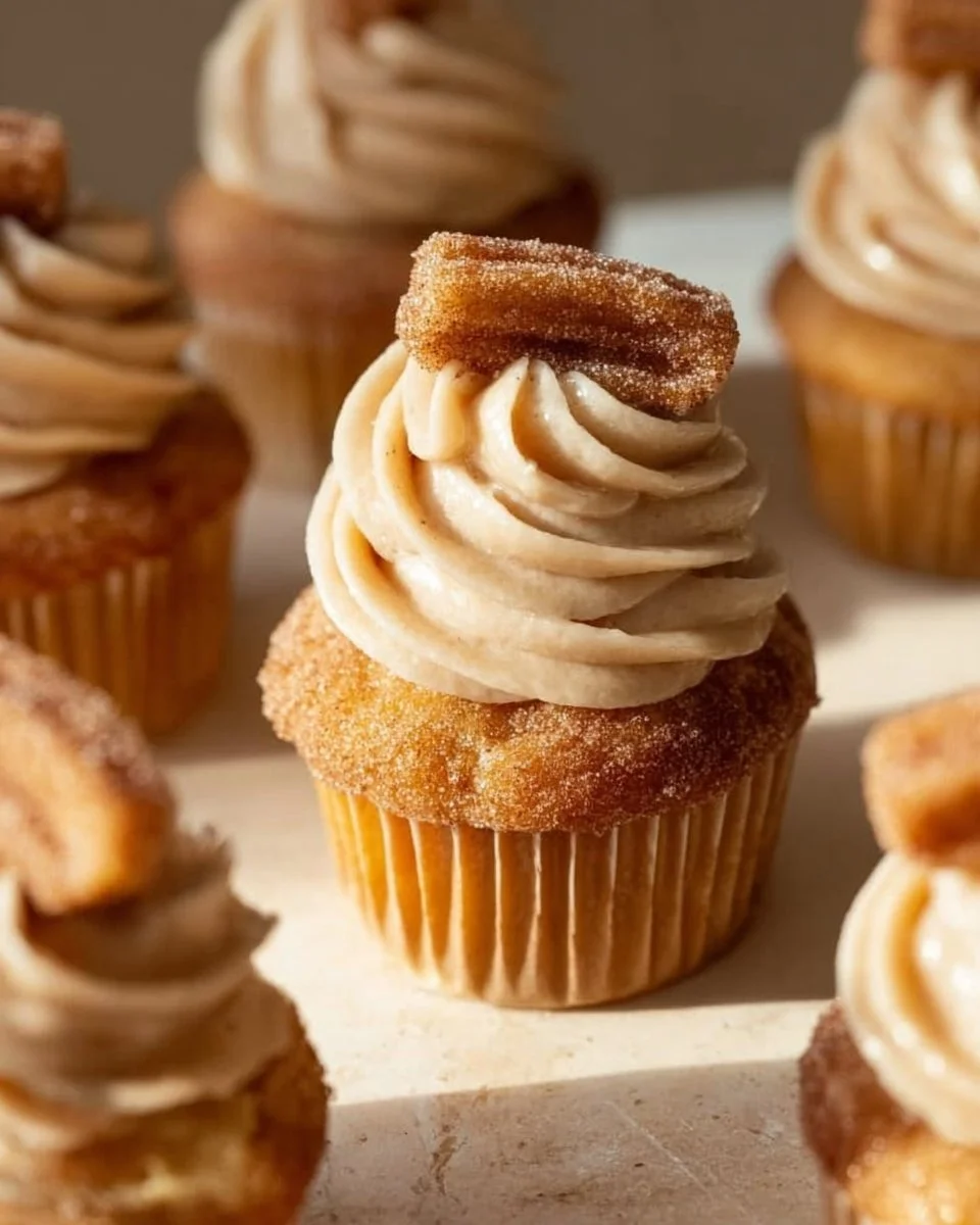 Churro cupcakes with cinnamon cream cheese frosting on a plate