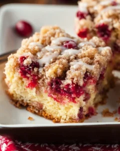 A delicious slice of cranberry crumb cake topped with golden crumb topping.