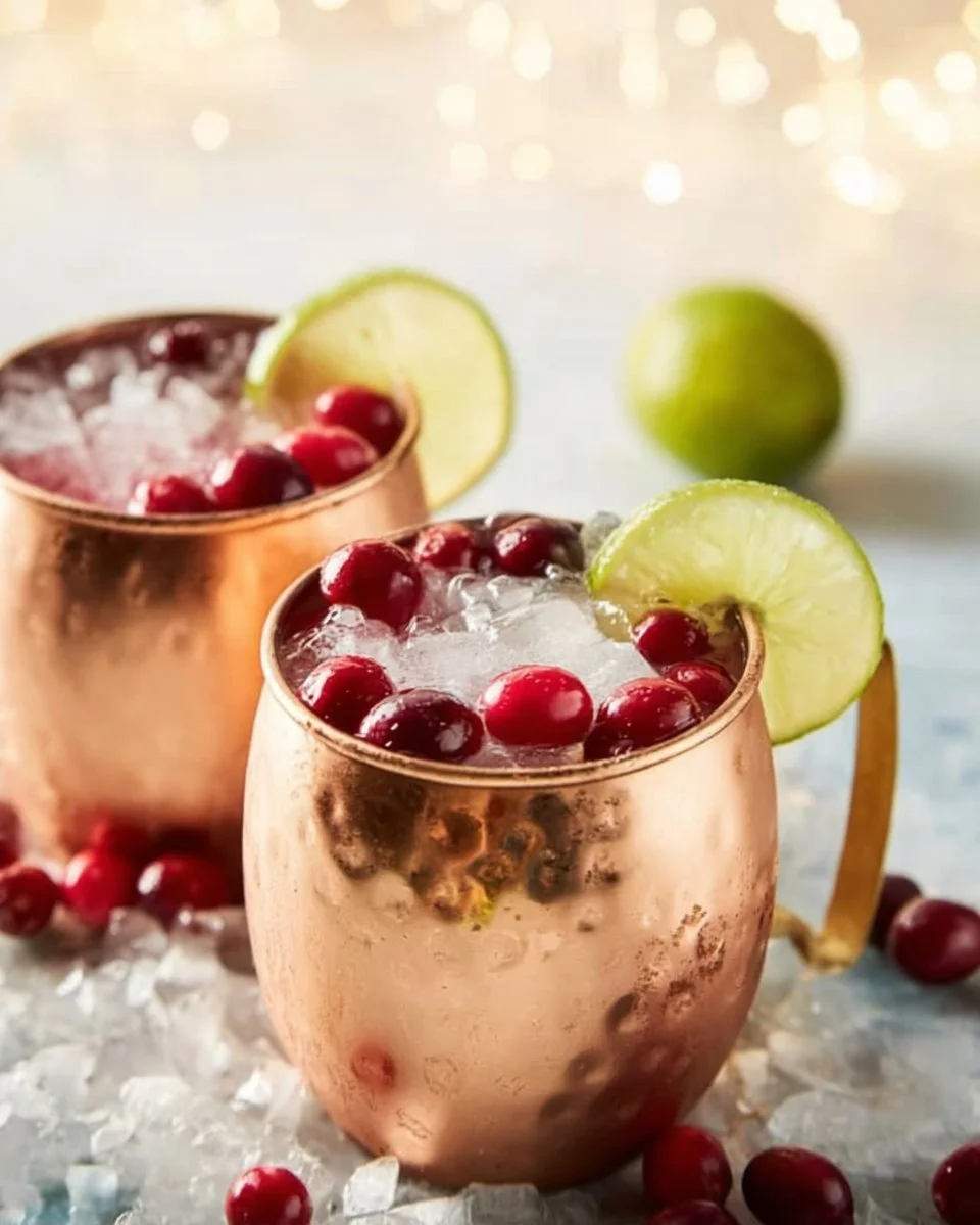 Cranberry Moscow Mule cocktail served in a copper mug with cranberries and lime.
