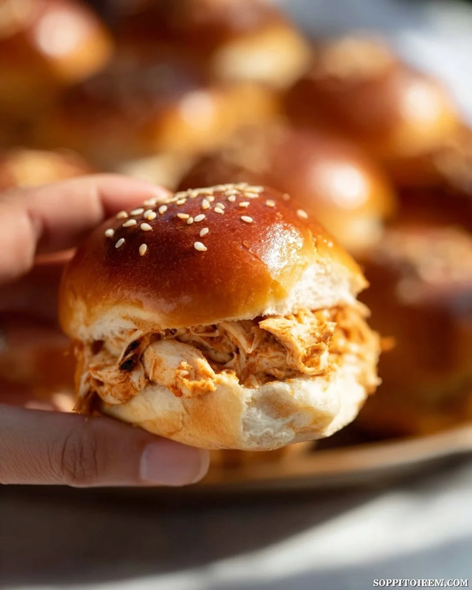 Creamy Chipotle Chicken Sliders served on a wooden platter with fresh toppings