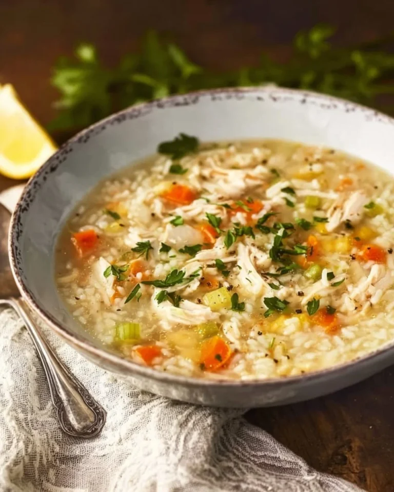 Bowl of Greek Turkey and Rice Soup with fresh herbs and vegetables