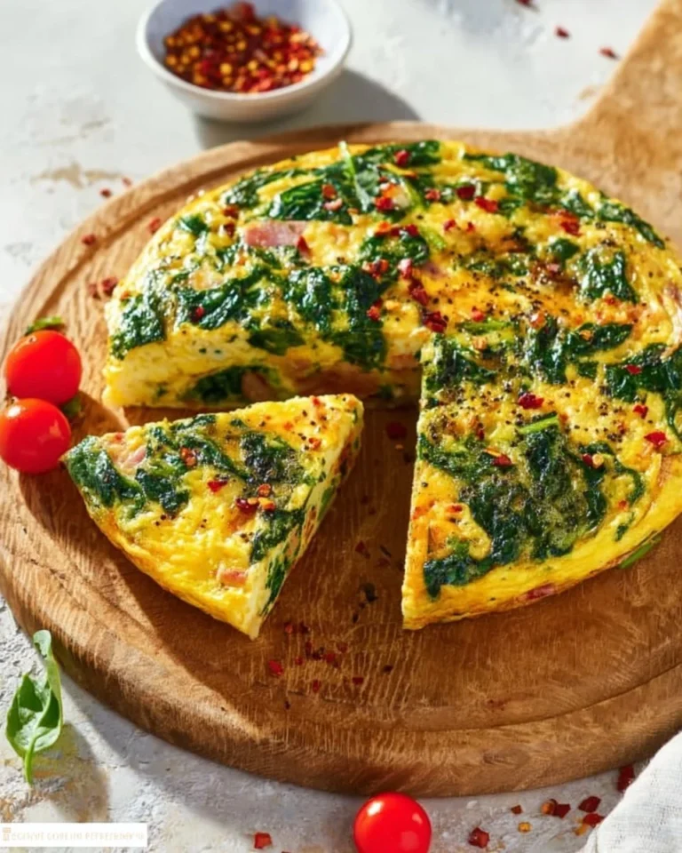Ham and Spinach Frittata with a golden crust and fresh ingredients