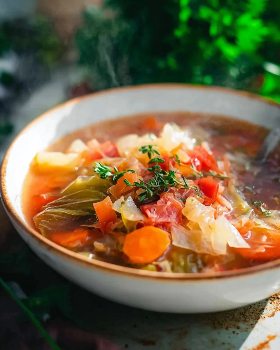 Healthy cabbage soup served in a bowl with fresh vegetables