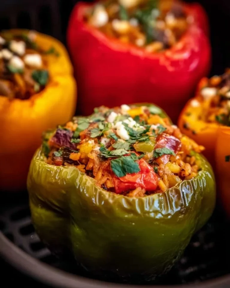 Healthy Greek stuffed peppers filled with rice, feta, and herbs