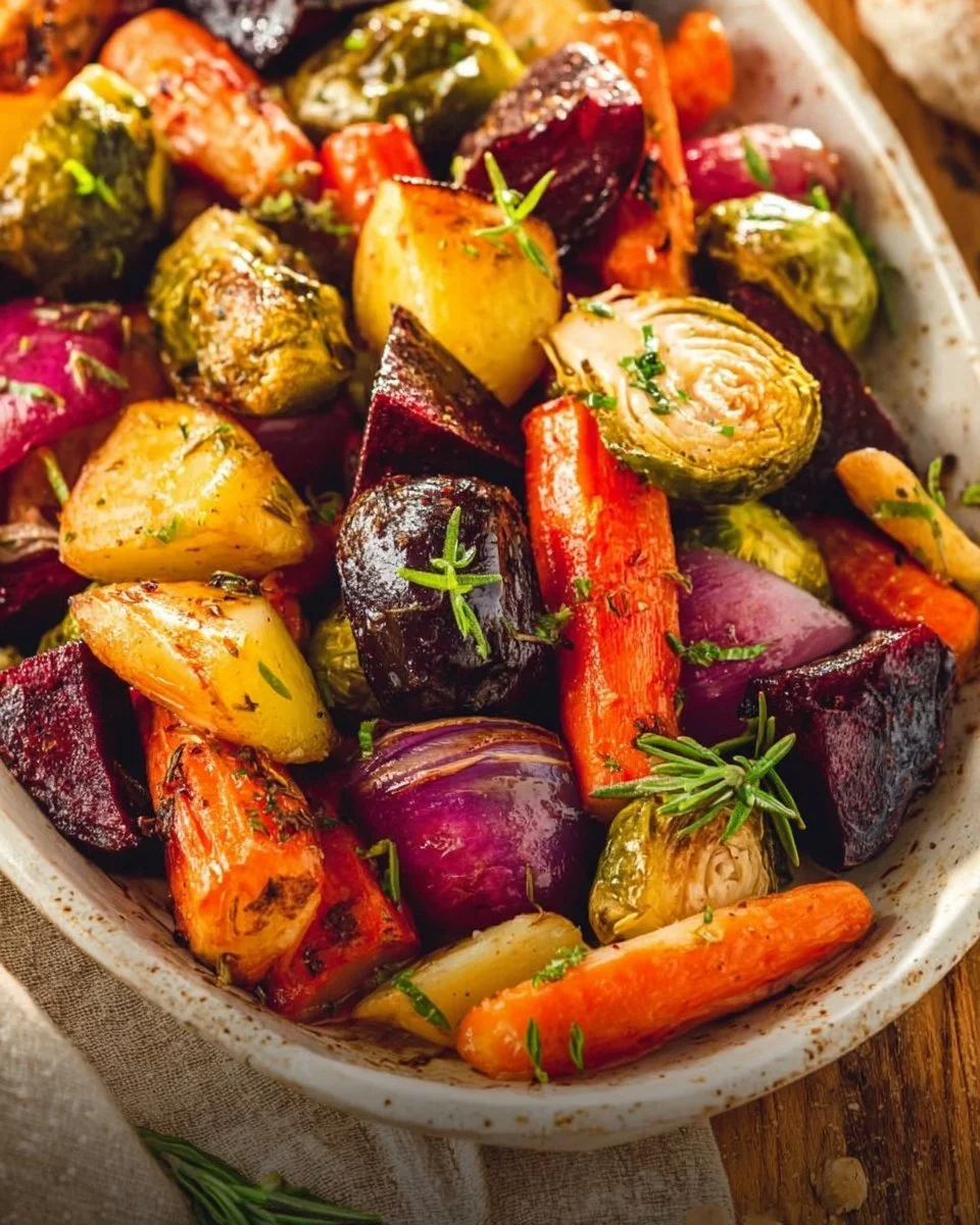 Colorful honey-roasted vegetables on a baking tray, showcasing vibrant colors and textures.
