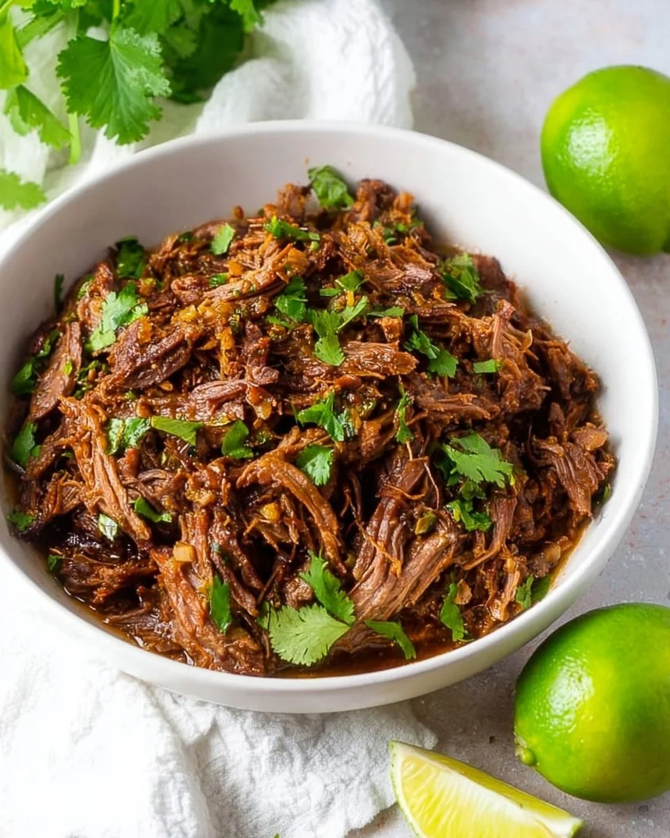 Delicious Instant Pot shredded beef served in a bowl with fresh garnishes.