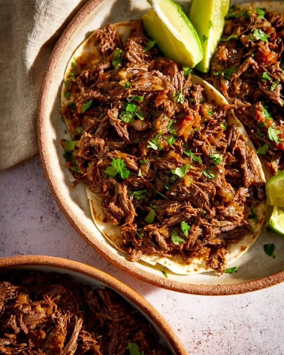Instant Pot shredded beef dish served with a side of vegetables