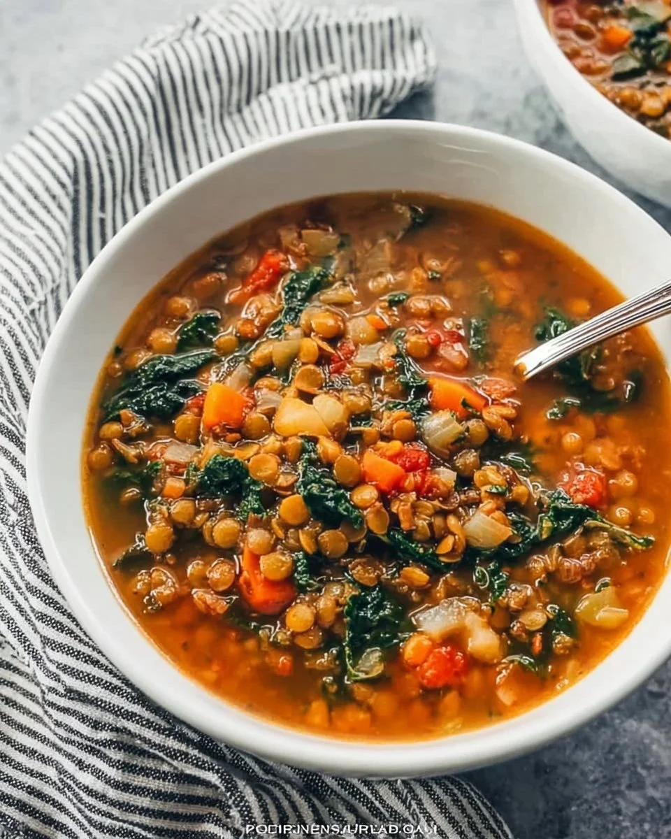 Bowl of lentil kale soup with fresh ingredients and herbs