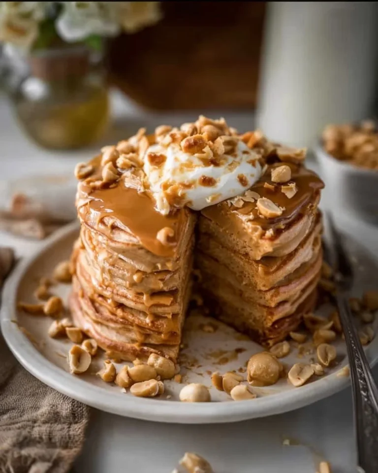 Fluffy Maple Peanut Butter Pancakes drizzled with maple syrup on a plate