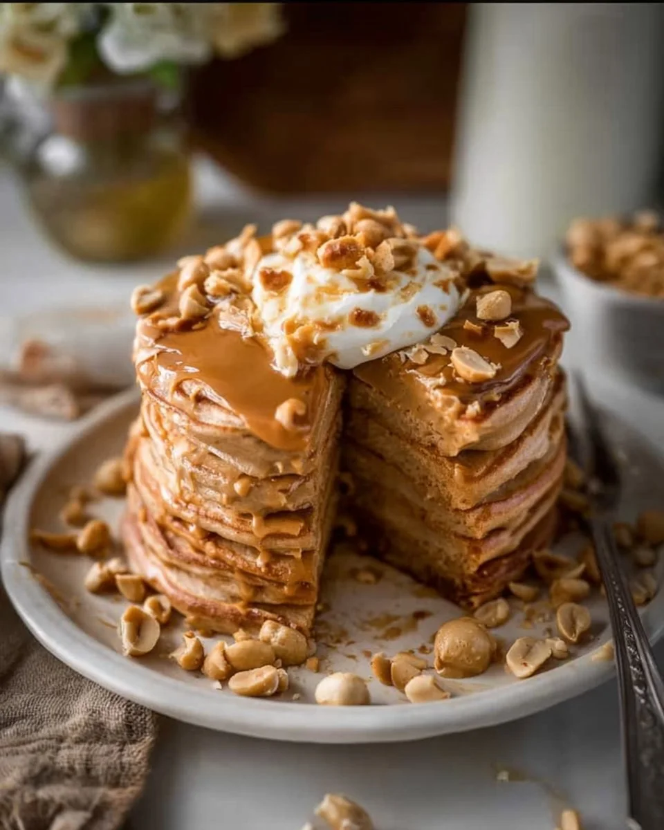 Fluffy Maple Peanut Butter Pancakes drizzled with maple syrup on a plate