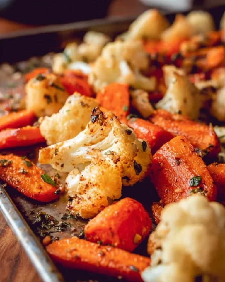 Plate of roasted carrots and cauliflower seasoned with herbs and spices