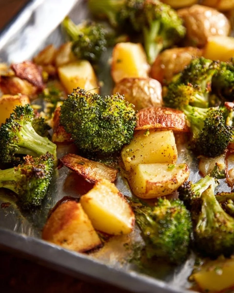 Crispy roasted potatoes and broccoli on a plate, perfect for a healthy side dish.