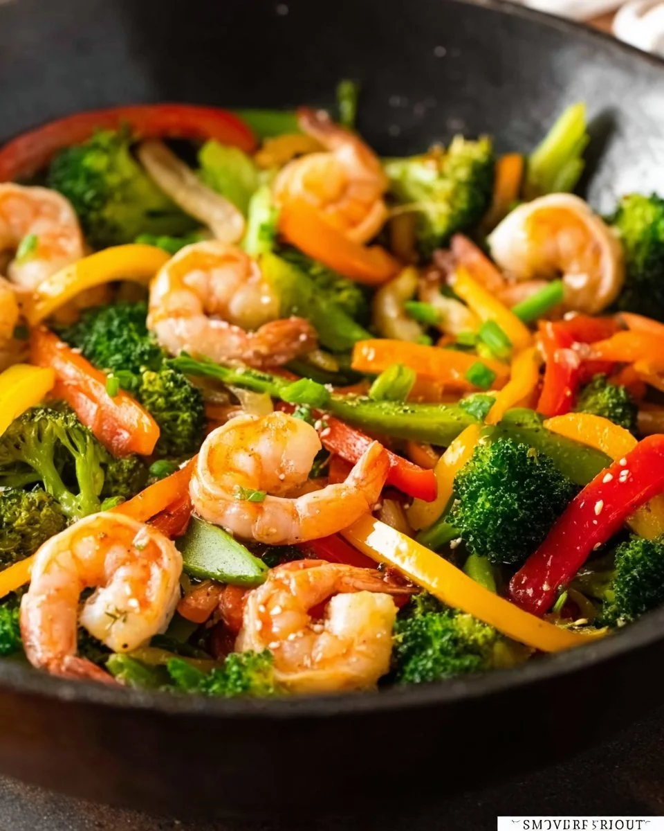 Shrimp and vegetable stir fry in a colorful dish