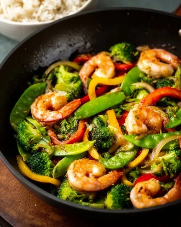 Colorful shrimp and vegetable stir fry in a skillet, fresh and delicious meal.