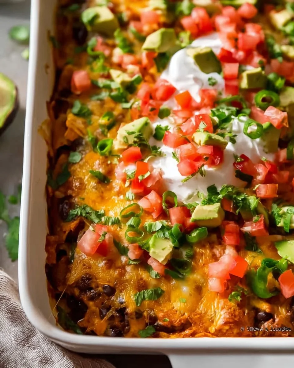 Delicious taco casserole with layers of cheese, tortillas, and seasoned ground beef