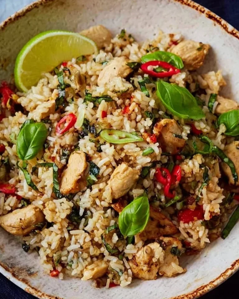 Plate of flavorful Thai Basil Fried Rice garnished with fresh herbs.