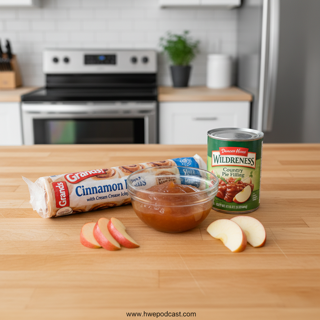 Canned cinnamon rolls and apple pie filling ingredients for the easy bake