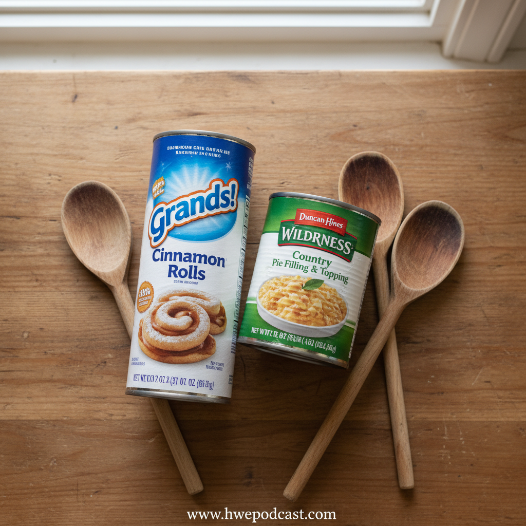 Cinnamon rolls and apple pie filling ingredients ready to make bake