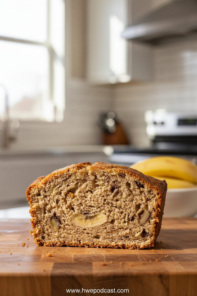 Delicious slice of moist banana bread with perfect crumb texture