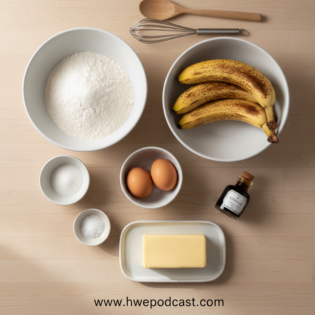 Ingredients for banana bread including ripe bananas, flour, eggs, and spices