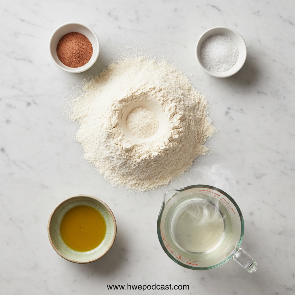 Ingredients for homemade pizza dough: flour, yeast, olive oil, salt, and water