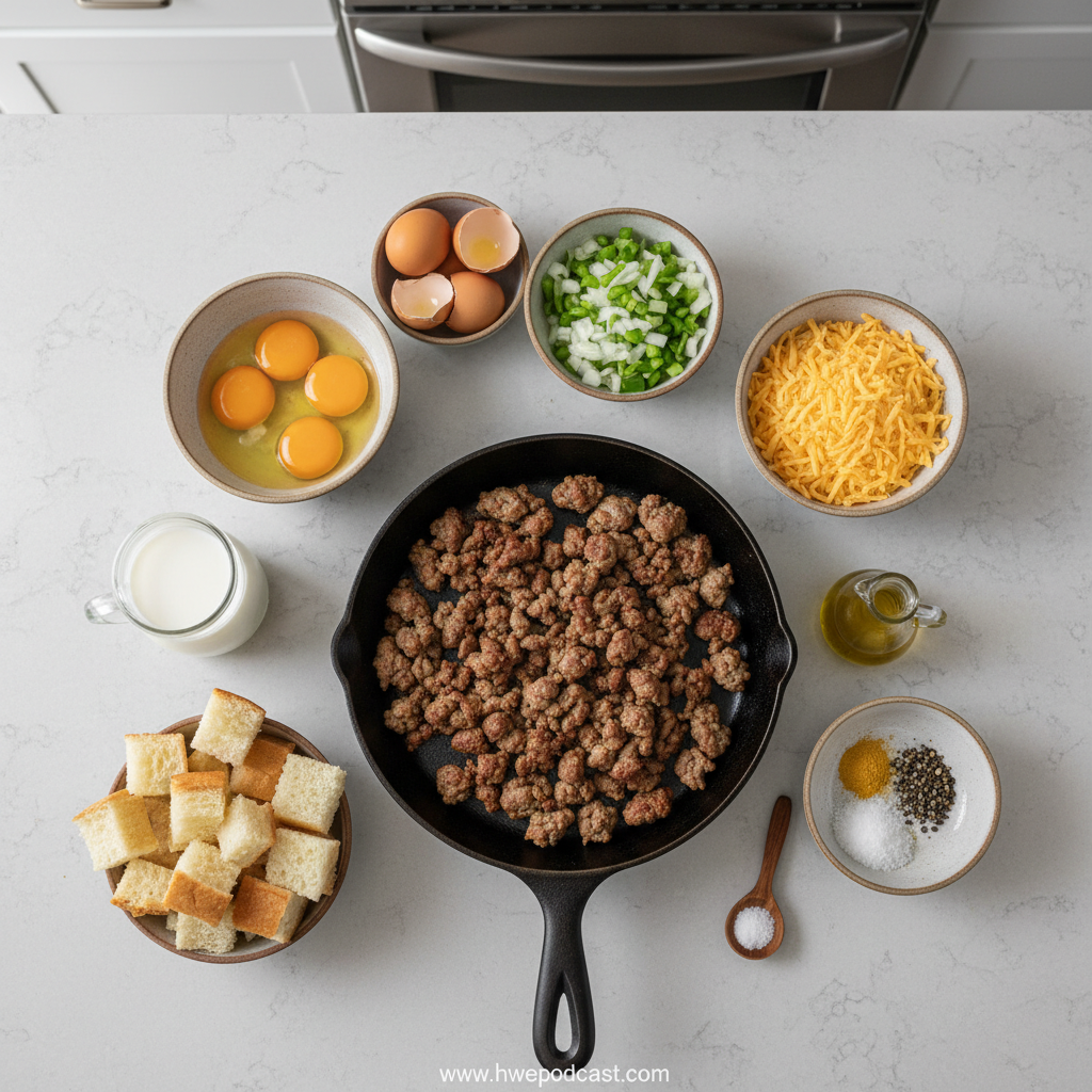 Ingredients for hash brown breakfast casserole including eggs, hash browns, cheese, and vegetables