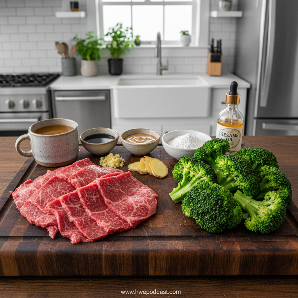 Ingredients for homemade beef and broccoli stir-fry laid out on counter