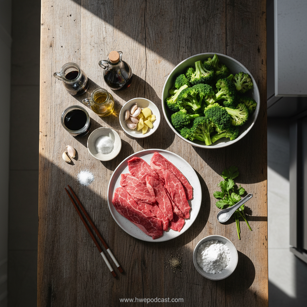 Ingredients for beef and broccoli stir-fry