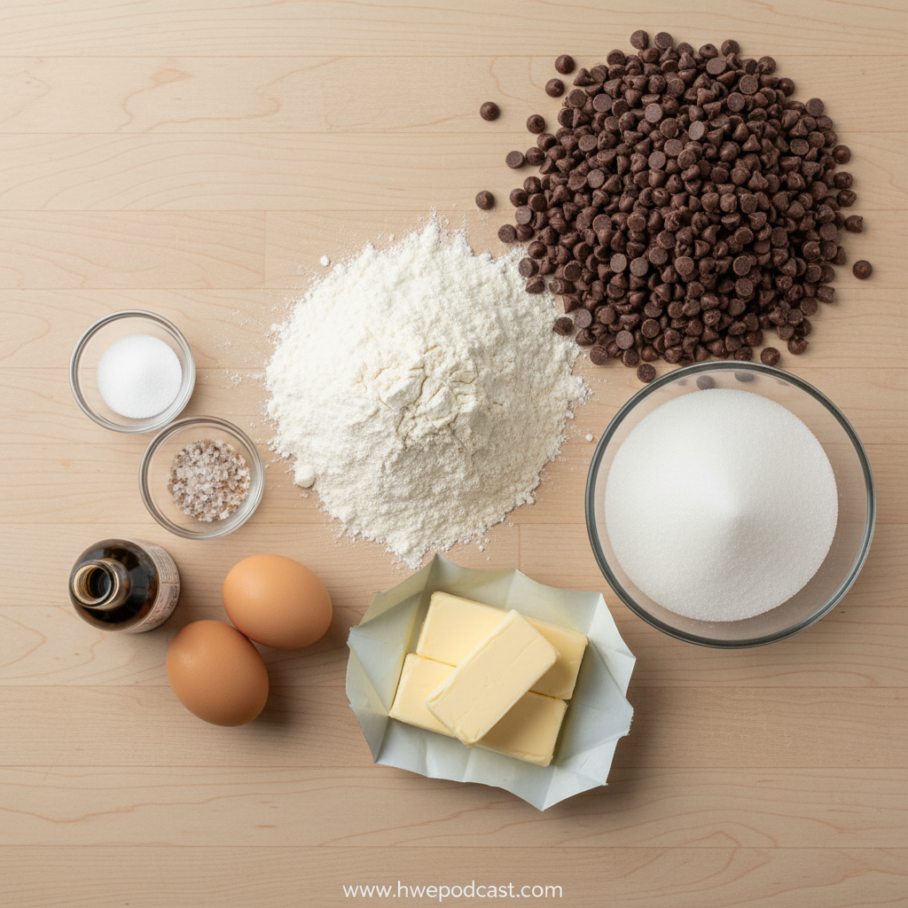 All ingredients needed for homemade chocolate chip cookies