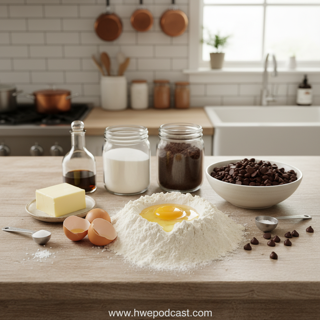 Ingredients for homemade chocolate chip cookies displayed on counter