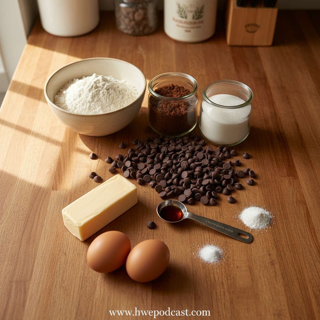 Ingredients for homemade chocolate chip cookies laid out on a counter