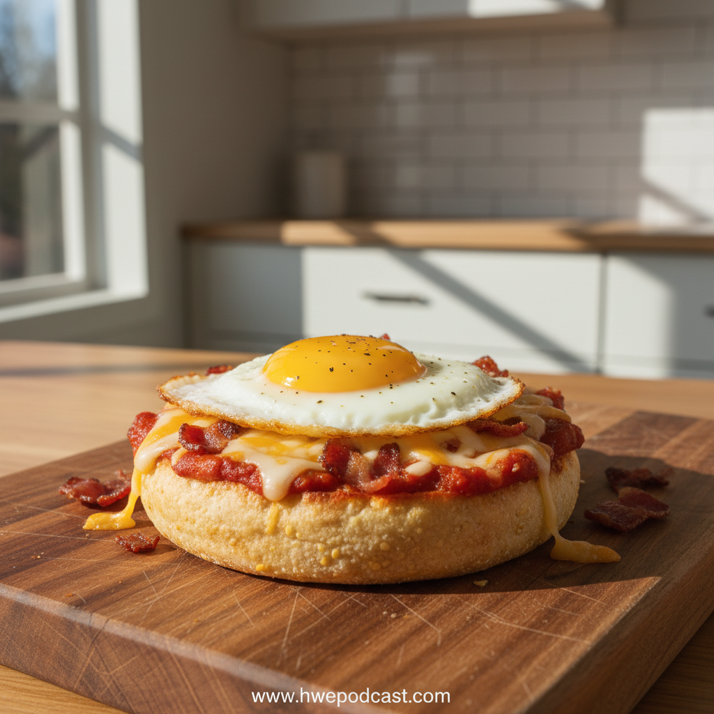 Delicious English muffin breakfast pizzas with eggs, cheese and toppings ready to eat