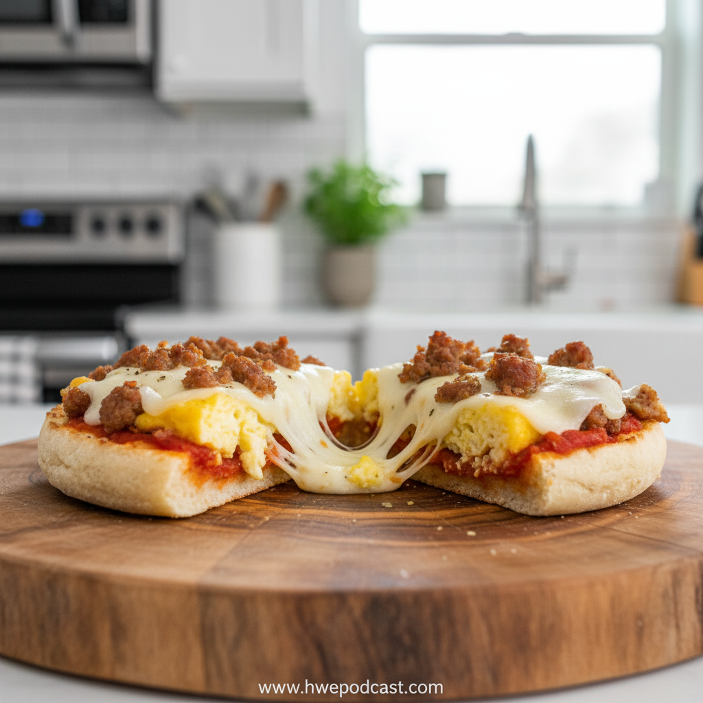 Delicious English muffin breakfast pizzas ready to eat