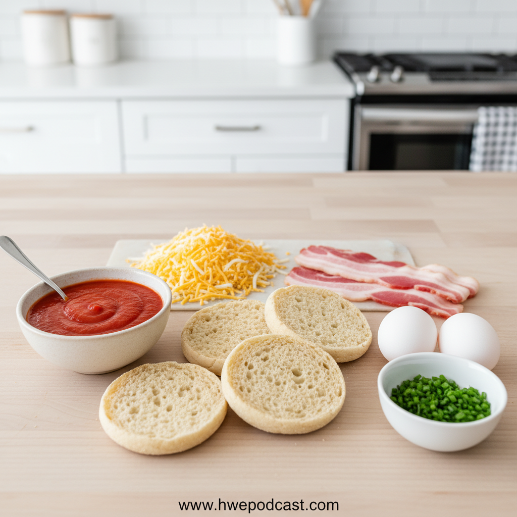 Ingredients for English muffin breakfast pizza lined up on counter