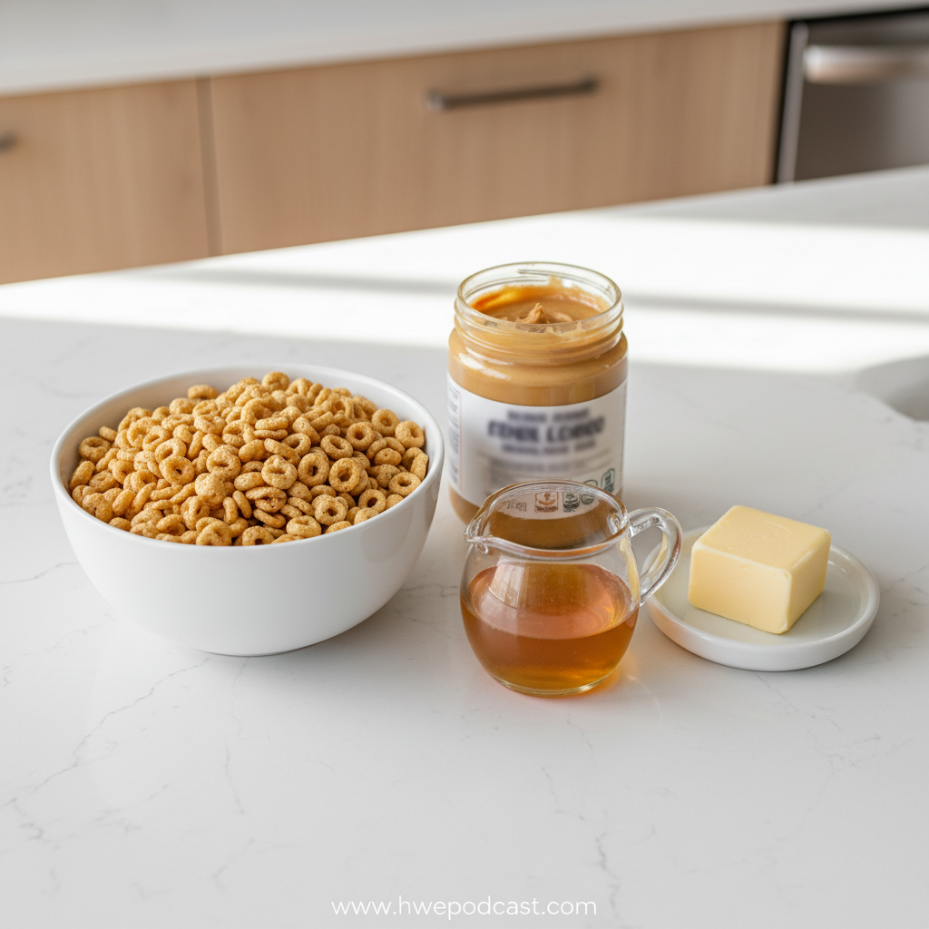 Ingredients for making no-bake Cheerio bars including peanut butter, honey and oats
