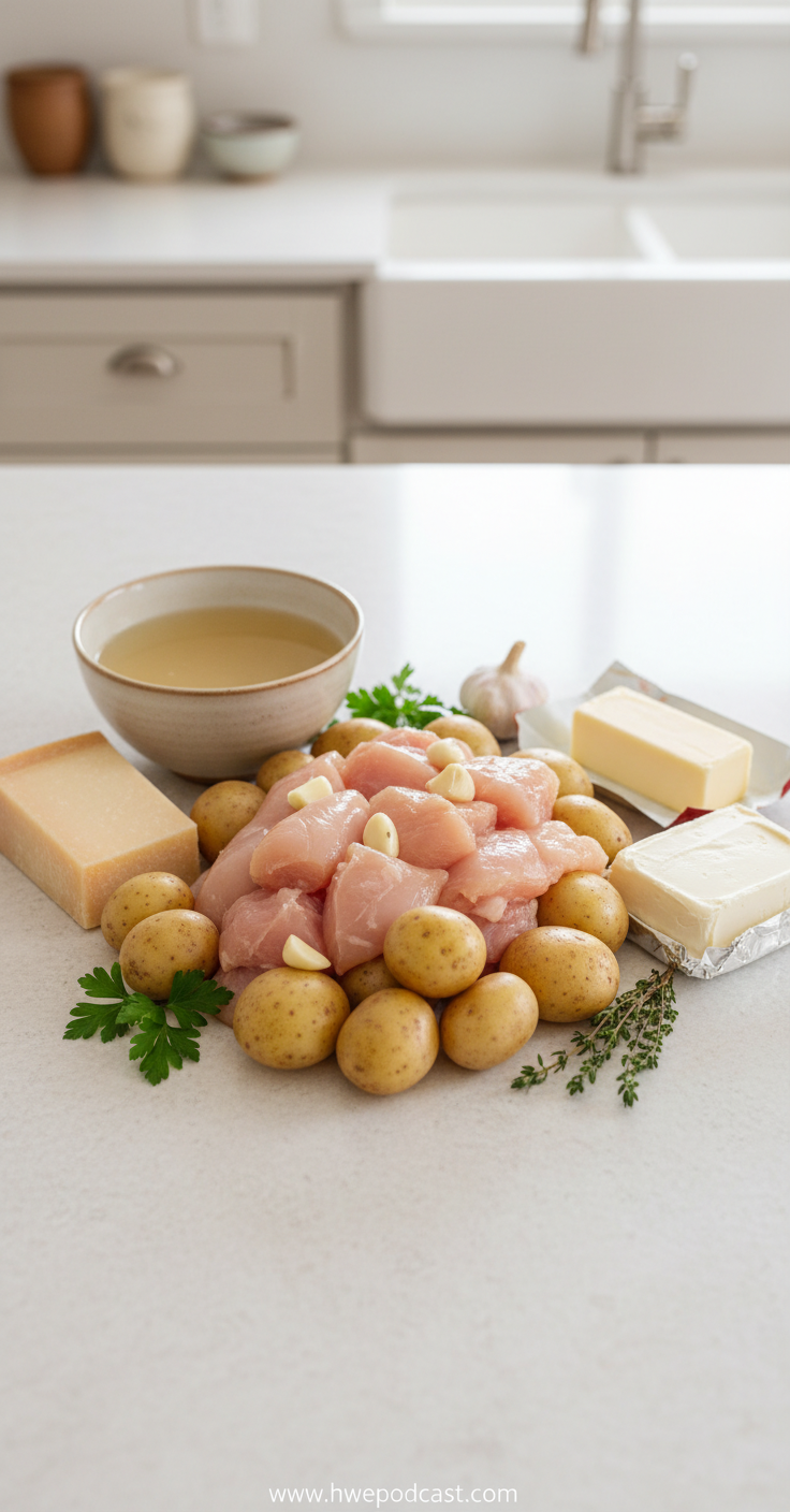 Ingredients for garlic parmesan crockpot chicken and potatoes